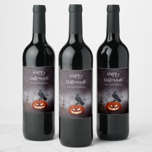 Etiqueta Para Botella De Vino Calabaza malvada asustada Feliz Halloween personal