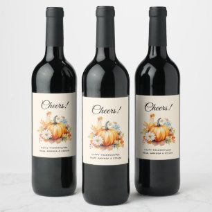 Etiqueta Para Botella De Vino Calabaza naranja y flores Otoño