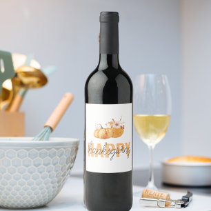 Etiqueta Para Botella De Vino Calabazas acuarelas y Naranja Feliz Día de Acción 