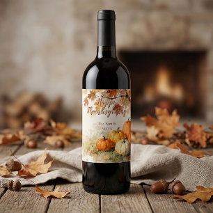 Etiqueta Para Botella De Vino Calabazas y Hojas de Otoño Rústicas para Acción de