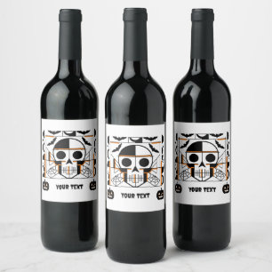 Etiqueta Para Botella De Vino Calavera al estilo de Halloween, murciélagos, tela