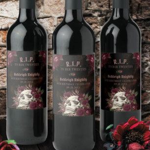 Etiqueta Para Botella De Vino Calavera de cumpleaños Rosas RIP Década