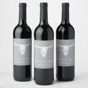 Etiqueta Para Botella De Vino Calavera de vaca occidental blanca y gris oscuro