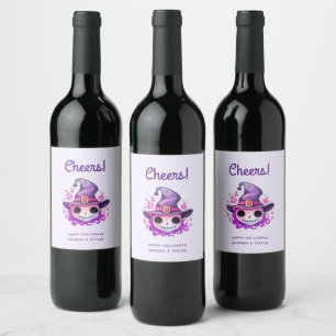 Etiqueta Para Botella De Vino Calavera en un sombrero de bruja caprichoso Hallow