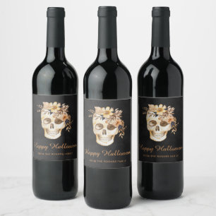 Etiqueta Para Botella De Vino Calavera Floral Rústica Halloween