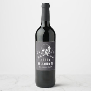 Etiqueta Para Botella De Vino Calavera Pirata Negra Vintage y Huesos Feliz Hallo