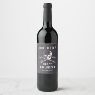 Etiqueta Para Botella De Vino Calavera Pirata Negro Vintage y Huesos Halloween