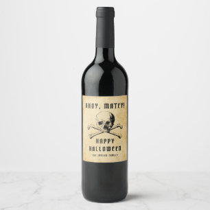 Etiqueta Para Botella De Vino Calavera Pirata Vintage y Huesos Halloween