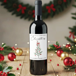 Etiqueta Para Botella De Vino Caligrafía Acuarela Árbol de Navidad Lazo Rojo