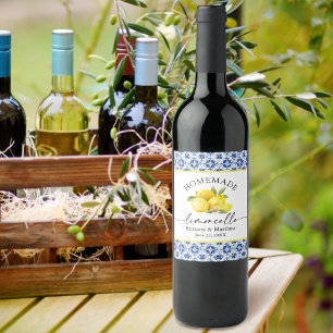 Etiqueta Para Botella De Vino Caligrafía Limoncello Acuarela Limones Baldosa Azu