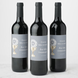 Etiqueta Para Botella De Vino Cáliz Hostia Primera Comunión fondo azul