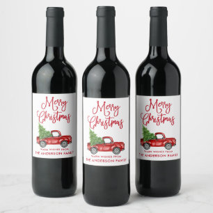 Etiqueta Para Botella De Vino Calligrafía divertida Camión Vintage de Navidad