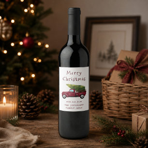 Etiqueta Para Botella De Vino Camión de Navidad Vintage Rojo Acuarela