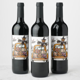 Etiqueta Para Botella De Vino Camión de parche de calabaza de otoño con pájaro e
