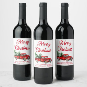 Etiqueta Para Botella De Vino Camión Rojo Vintage de Feliz Navidad