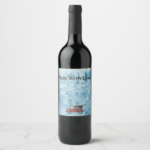 Etiqueta Para Botella De Vino camión rojo vintage sobre un fondo de copo de niev