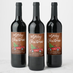 Etiqueta Para Botella De Vino Camión vintage de Navidades de madera rústica con