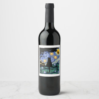 Etiqueta Para Botella De Vino Camiseta De Gato, Tee De Gato De Noche Aterrador,