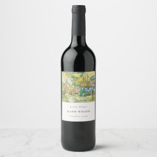 Etiqueta Para Botella De Vino Campos Rústicos Paisaje Montañoso Despedida de Sol