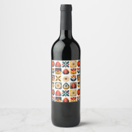 Etiqueta Para Botella De Vino Carácter de vino de mosaico floral de arte popular