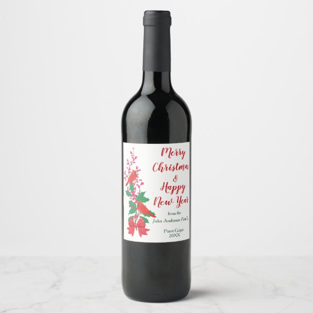 Etiqueta Para Botella De Vino Cardenales rojos sobre Navidades Holly (Anverso)