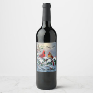 Etiqueta Para Botella De Vino Cardenales rojos y acebo en la nieve