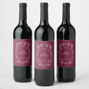 Etiqueta Para Botella De Vino Cartel de bienvenida de cumpleaños floral borgoña
