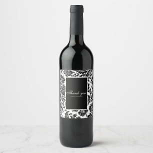 Etiqueta Para Botella De Vino Cartel de pedestal de boda de damasco negro y blan