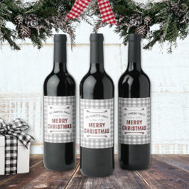 Etiqueta Para Botella De Vino Casa de Campo Gris Cuadros Pequeños Feliz Navidad