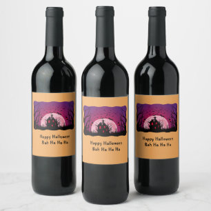 Etiqueta Para Botella De Vino Casa embrujada negra y naranja Halloween