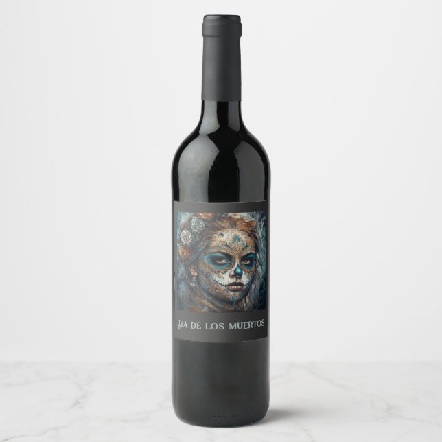 Etiqueta Para Botella De Vino Catrina Azul (Anverso)