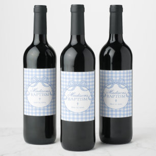 Etiqueta Para Botella De Vino Cazadora de Gingham Azul Lazo Bautizo