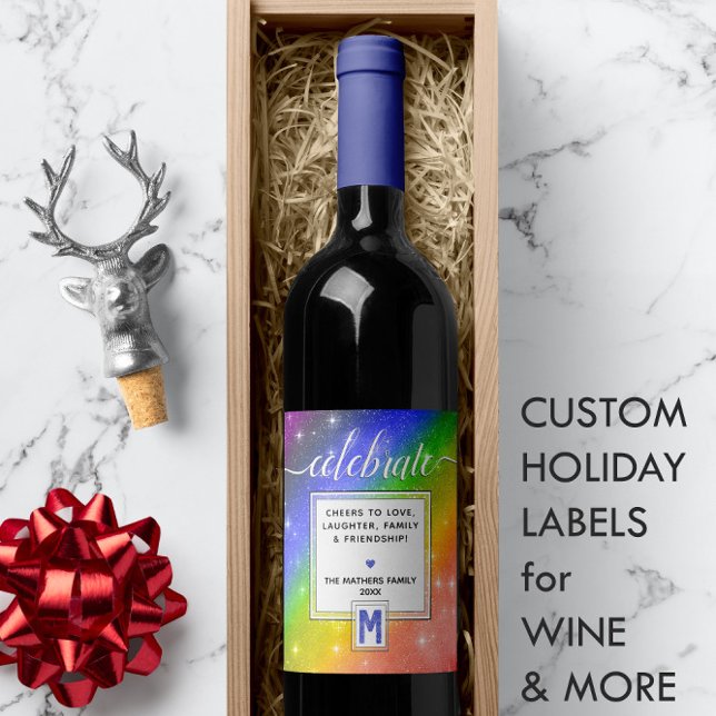 Etiqueta Para Botella De Vino CELEBRACIÓN 🌈 Arcoiris + Monograma (CELEBRATE 🌈 Rainbow + Monogram Wine Label
)