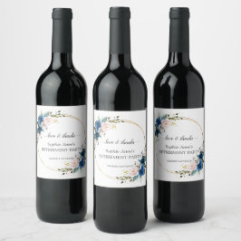 Etiqueta Para Botella De Vino Celebración de la Jubilación de Oro Floral Azul Ro