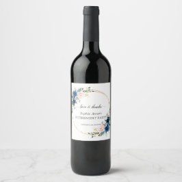 Etiqueta Para Botella De Vino Celebración de la Jubilación de Oro Floral Azul Ro