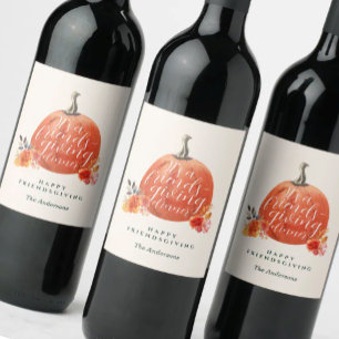 Etiqueta Para Botella De Vino Cena de Friendsgiving con calabaza naranja acuarel