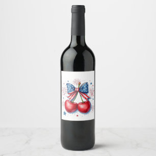 Etiqueta Para Botella De Vino Cerezas con Coquette Bow 4 de Julio Americano