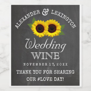 Etiqueta Para Botella De Vino Chalkboard Look Sunflowers Boda de Campo Rústica