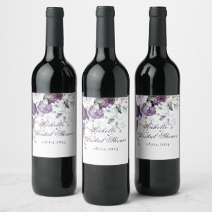 Etiqueta Para Botella De Vino Champán Nupcial Floral Elegante de Acuarela Púrpur