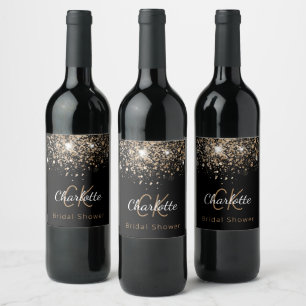 Etiqueta Para Botella De Vino Champán nupcial monograma iniciales negro dorado c