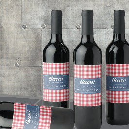 Etiqueta Para Botella De Vino Cheque blanco rojo de Gingham y Denim azul