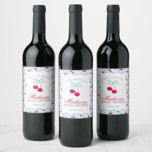 Etiqueta Para Botella De Vino Cherry Sweet Blue Coquette Gingham Bridal Shower