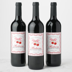 Etiqueta Para Botella De Vino Cherry Sweet Pink Coquette Bow Gingham Cumpleaños
