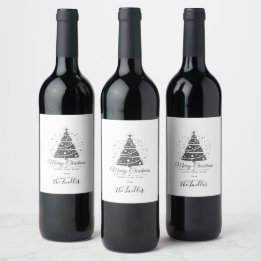 Etiqueta Para Botella De Vino Chic Elegant Black White Script Christmas Tree