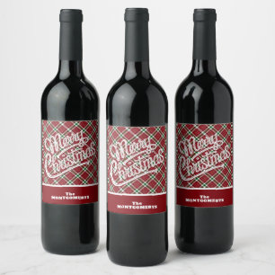 Etiqueta Para Botella De Vino Chic Plaid Brillante Alegre Navidad