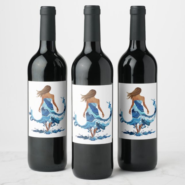 Etiqueta Para Botella De Vino Chica Océano de ondas azules (Botellas)