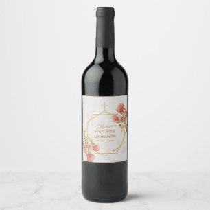 Etiqueta Para Botella De Vino Chica Primera Comunión Magnolia Rosa Mármol Oro