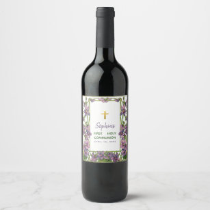 Etiqueta floral de vino de primera comunión / Favor de la Sagrada Comunión  / Primera comunión de la niña / Etiqueta de vino de la Cruz de Comunión -   México