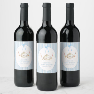 Etiqueta Para Botella De Vino Chico Kawaii Azul Arco Baby Shower Asiático Dumpli
