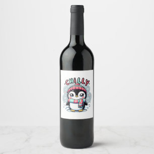 Etiqueta Para Botella De Vino Chilly Penguin Snowy Scarf Hug